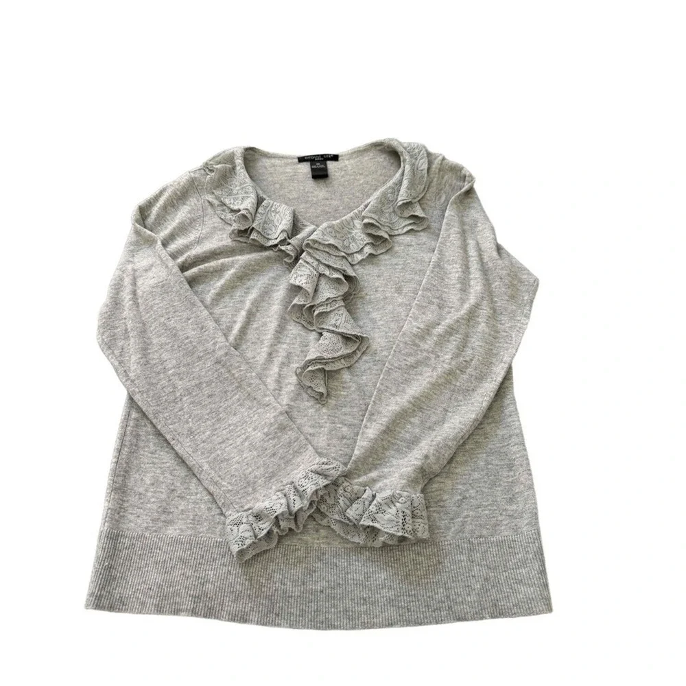 August Silk Sweater Women's Petite M Grey Long Sleeve Ruffle Professional Office